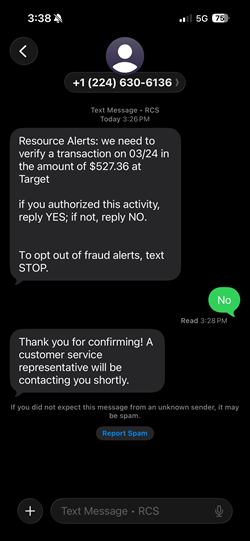 fraudulent text message